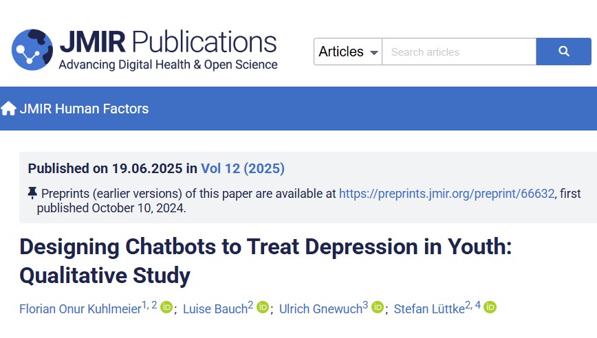 New Publication in JMIR Human Factors: Designing Chatbots to Treat Depression in Youth: Qualitative Study